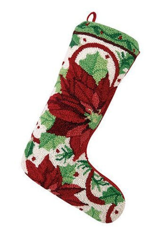 Red Poinsettia Wool Hooked Needlepoint Christmas Stocking