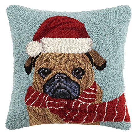 Santa Hat Pug Holiday Christmas Hooked Wool Throw Pillow - 16"