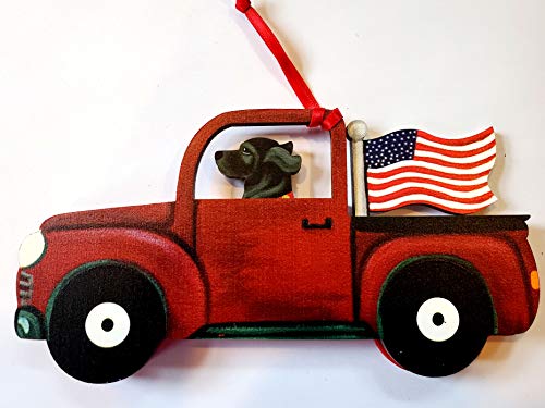 Dandy Design Black Labrador Retriever Dog Retro Flag Truck Wooden 3-Dimensional Christmas Ornament - USA Made.