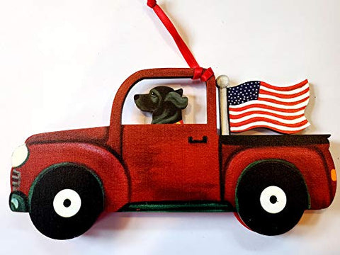 Dandy Design Black Labrador Retriever Dog Retro Flag Truck Wooden 3-Dimensional Christmas Ornament - USA Made.