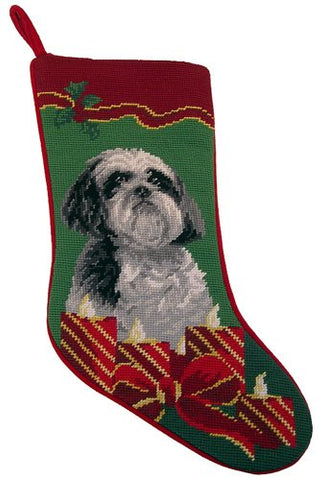 Needlepoint Navy Snowing Dog Bones Christmas Stocking