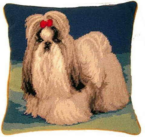 Elegant Shih Tzu Dog Needlepoint Wool Pillow - 14"
