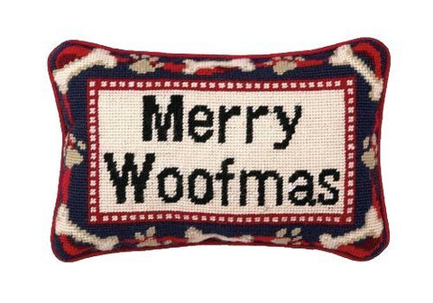 Merry Woofmas Dog Christmas Wool Needlepoint Throw Pillow - 8" x 12"