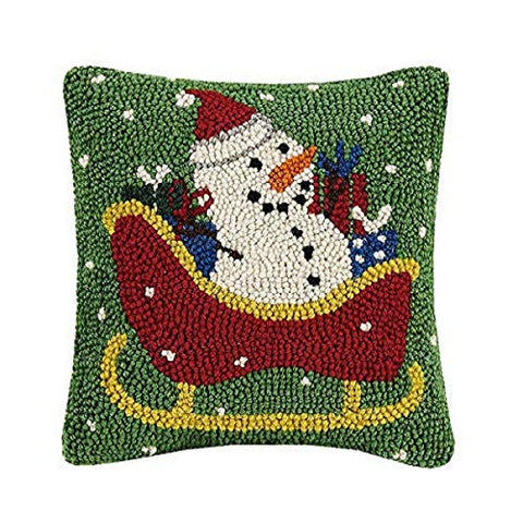 Snowman Christmas Sleigh Wool Hooked Pillow - 10" x 10"