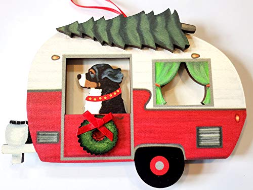 Dandy Design Bernese Mountain Dog Vintage Camper Trailer Wooden Hand-Painted 3-Dimensional Christmas Ornament - USA Made.