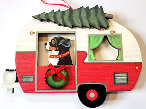 Dandy Design Bernese Mountain Dog Vintage Camper Trailer Wooden Hand-Painted 3-Dimensional Christmas Ornament - USA Made.