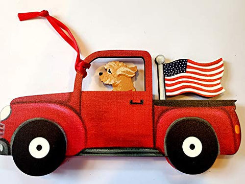 Dandy Design Goldendoodle Dog Retro Flag Truck Wooden 3-Dimensional Christmas Ornament - USA Made.