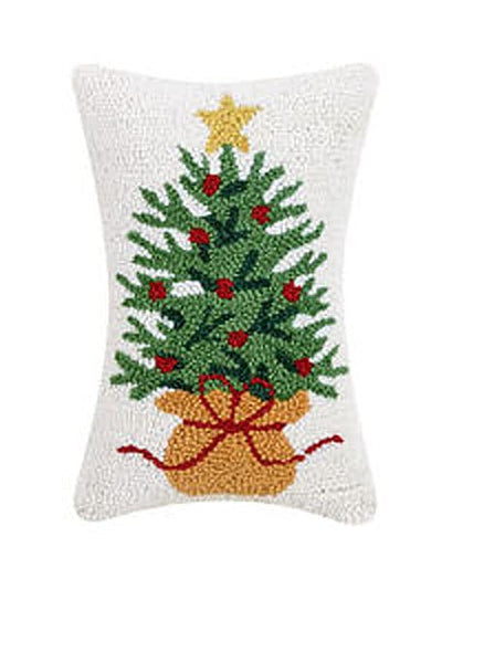 Peking Handicraft Burlap Christmas Tree Hooked Wool Throw Pillow - 8" x 12"