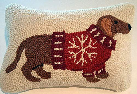 Peking Handicraft Red Dachshund Sweater Dog Christmas Lights Mini Hooked Wool Pillow – 8” x 12”