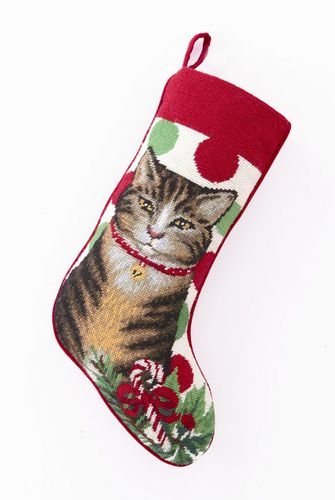 Gray & Brown Tabby Cat / Kitten with Candy Cane Christmas Stocking, Wool Needlepoint, 11 Inch X 18 Inch