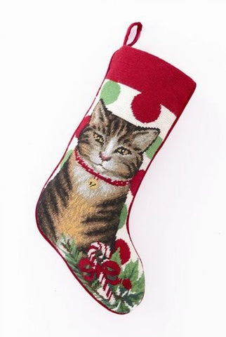 Gray & Brown Tabby Cat / Kitten with Candy Cane Christmas Stocking, Wool Needlepoint, 11 Inch X 18 Inch