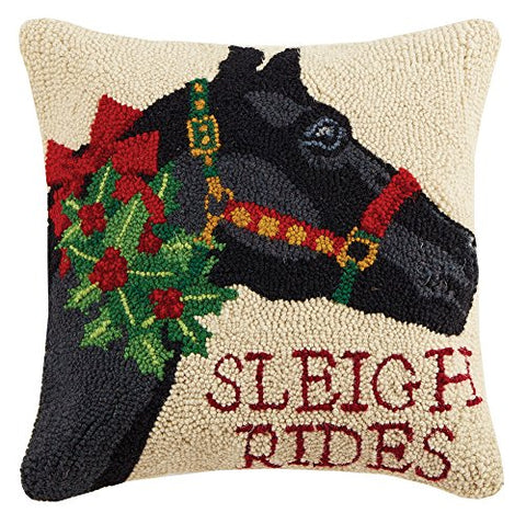 Peking Handicraft Sleigh Rides Horse Hook Wool Lumbar Pillow, Multicolored