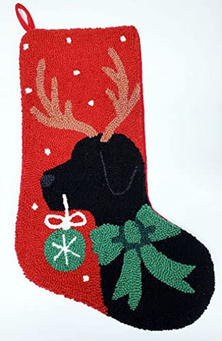 Peking Handicraft Black Labrador Retriever Antler Christmas Hooked Stocking- Wool 21"
