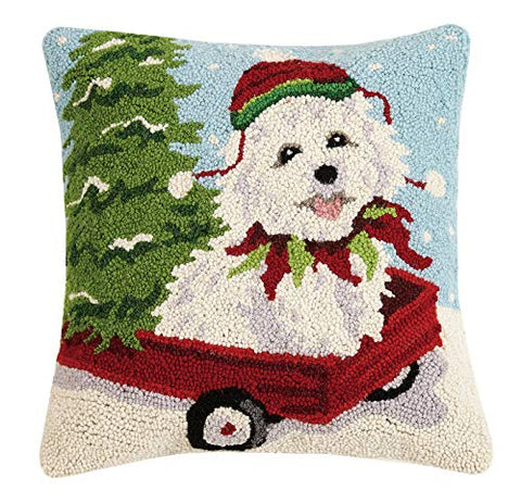 White Bichon Christmas Holiday Hook Wool Pillow - 16" x 16"