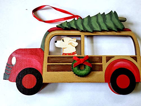 Dandy Design Yellow Labrador Retriever Dog Woody Woodie Car Wooden 3-Dimensional Christmas Ornament - USA Made.