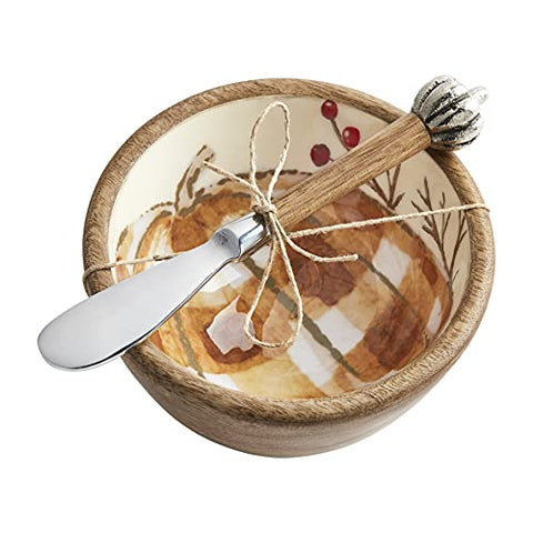 Mud Pie, Check Pumpkin, Enamel Harvest Dip Bowl Set, cup 3" x 5" dia | spreader 6 1/2"