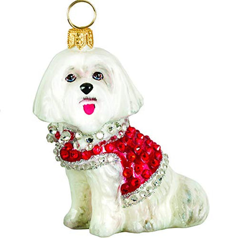 Joy to the World Collectibles Maltese in Full Crystal Coat Polish Glass Christmas Ornament