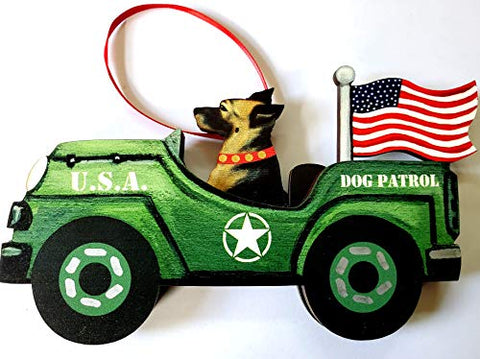 Dandy Design German Shepherd Dog Retro Flag Jeep Patrol Wooden 3-Dimensional Christmas Ornament - USA Made.
