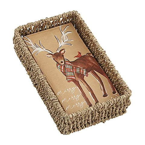 Mud Pie Reindeer Christmas Guest Towel Set - Seagrass Basket and Napkin Set