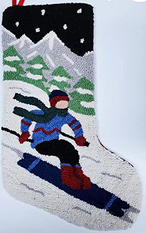 Peking Handicraft Snowy Mountain Skier Ski Hooked Christmas Stocking- Wool 21"