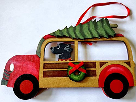 Dandy Design Black Labrador Retriever Dog Woody Woodie Car Wooden 3-Dimensional Christmas Ornament - USA Made.