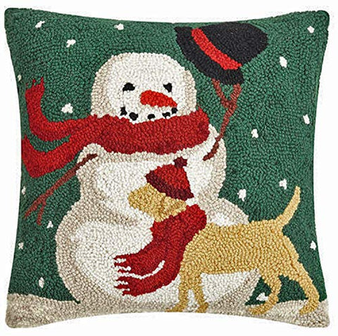 Peking Handicraft Windy Winter Snowman Yellow Labrador Dog Hooked Wool Throw Pillow - 16" x 16"