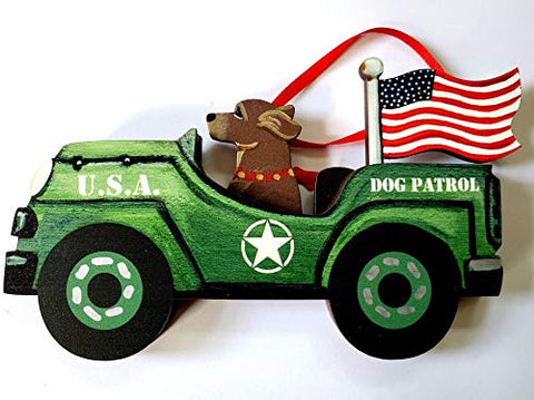 Dandy Design Chocolate Labrador Retriever Dog Retro Flag Jeep Patrol Wooden 3-Dimensional Christmas Ornament - USA Made.