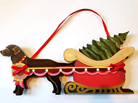 Dandy Design Chocolate Labrador Retriever Dog Sleigh Pull Wooden 3-Dimensional Christmas Ornament - USA Made.