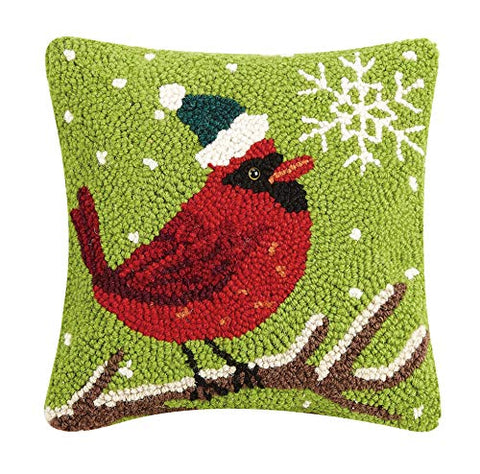 Festive Winter Snowflake Cardinal Hooked Wool Pillow - 10" x 10"