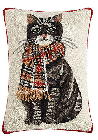 Peking Handicraft Plaid Scarf Holiday Tabby Cat Pillow - 14" x 20"