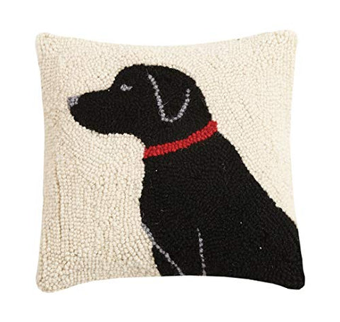 Black Labrador Red Collar Dog Hooked Wool Pillow - 10" x 10"