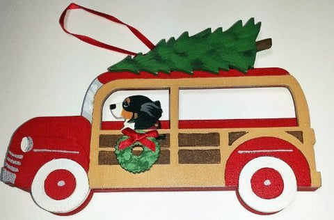 Bernese Mountain Dog Vintage Retro Woodie Station Wagon Hand Painted 3-dimensional Christmas Ornament - USA Made.