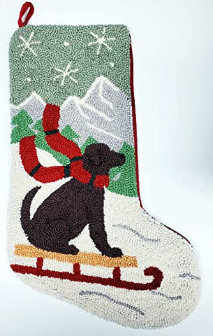 Peking Handicraft Chocolate Labrador Retriever Sledding Hooked Stocking- Wool 21"