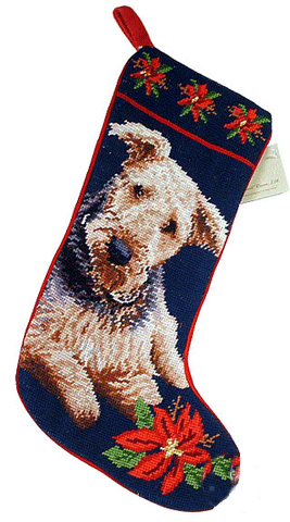 Airedale Terrier Dog Christmas Needlepoint Stocking - 11" x 18"