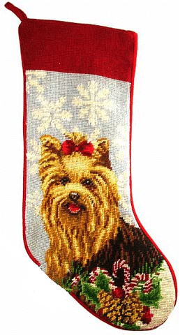 Yorkshire Terrier Yorkie Dog Portrait Christmas Needlepoint Stocking - 11" x 18"