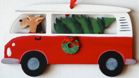 Hippie Van Bus Dog Wood 3-D Hand Painted Ornament - Airedale Terrier