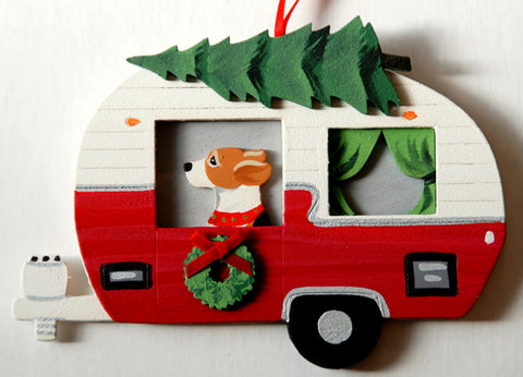 Retro Camper Trailer Dog Wood 3-D Hand Painted Ornament - Beagle Hound