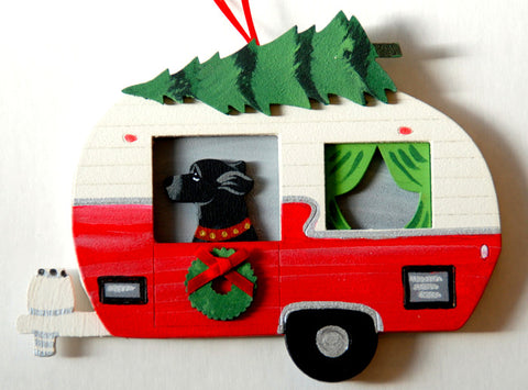 Retro Camper Trailer Dog Wood 3-D Hand Painted Ornament - Black Labrador Retriever