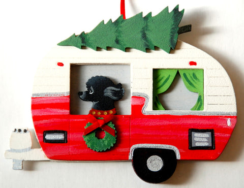 Retro Camper Trailer Dog Wood 3-D Hand Painted Ornament - Black Poodle