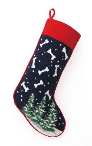 Dog Bones & Pines Christmas Needlepoint Stocking - 11" x 18"