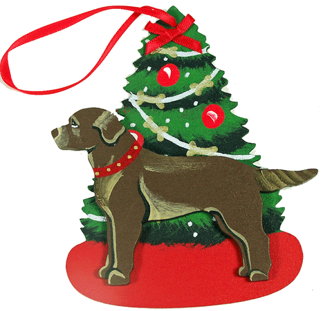 The Christmas Tree Dog Wood 3-D Hand Painted Ornament - Chocolate Labrador Retriever