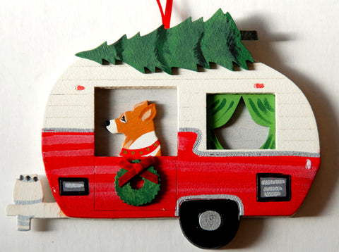 Retro Camper Trailer Dog Wood 3-D Hand Painted Ornament - Corgi