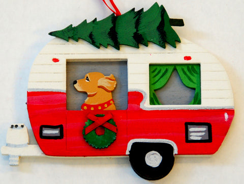 Retro Camper Trailer Dog Wood 3-D Hand Painted Ornament - Golden Retriever