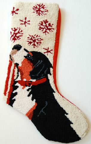 Bernese Mountain Dog Snowflake Leash Hooked Wool Large Christmas Stocking - 13" x 21"
