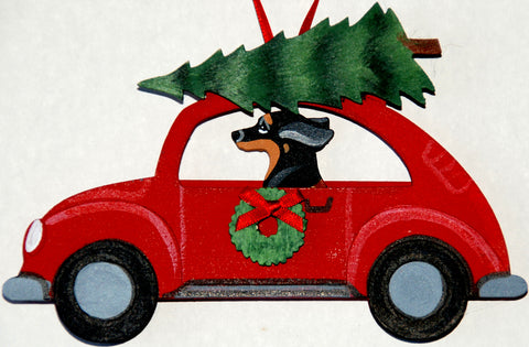 Hippie 60's Car Dog Wood 3-D Hand Painted Ornament -  Black Tan Dachshund