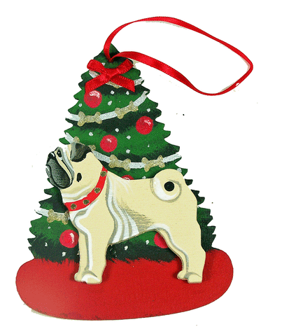 The Christmas Tree Dog Wood 3-D Hand Painted Ornament - Fawn Pug
