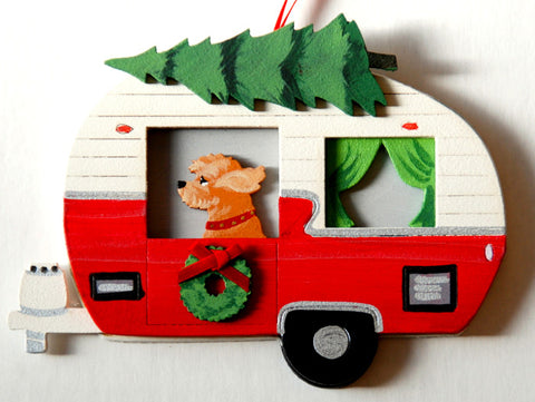 Retro Camper Trailer Dog Wood 3-D Hand Painted Ornament - Goldendoodle