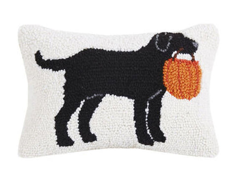 Trick Or Treat Halloween Black Lab Dog Pumpkin Wool Hooked Pillow - 12" x 8"