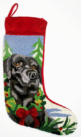 Red Velvet Cuffed Black Labrador Dog Hooked Christmas Stocking - 13" x 21"