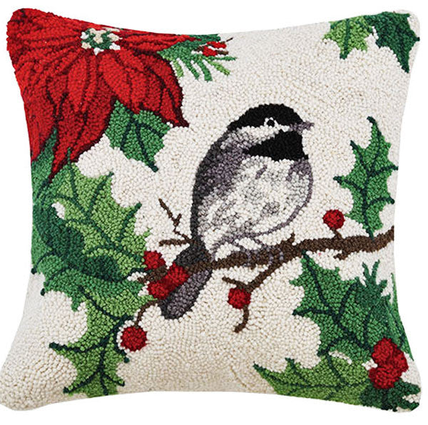 Designer Sally Eckman Roberts Poinsettia Chickadee Hooked Pillow - 16" Square